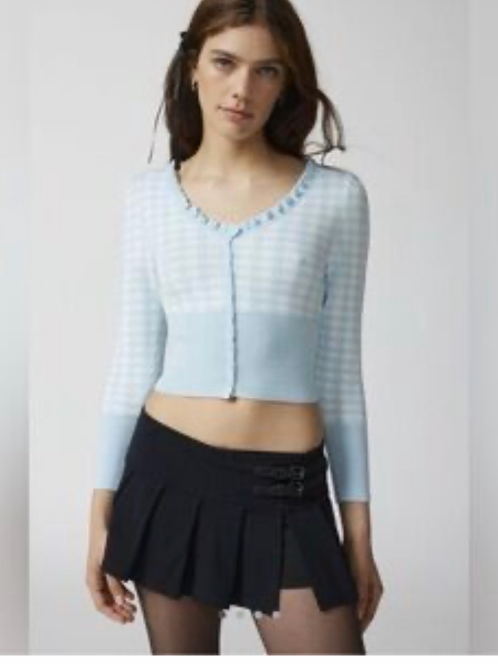 Urban Outfitters Blue Gingham Cropped Cardigan Ruffle Trim Button- Size Large